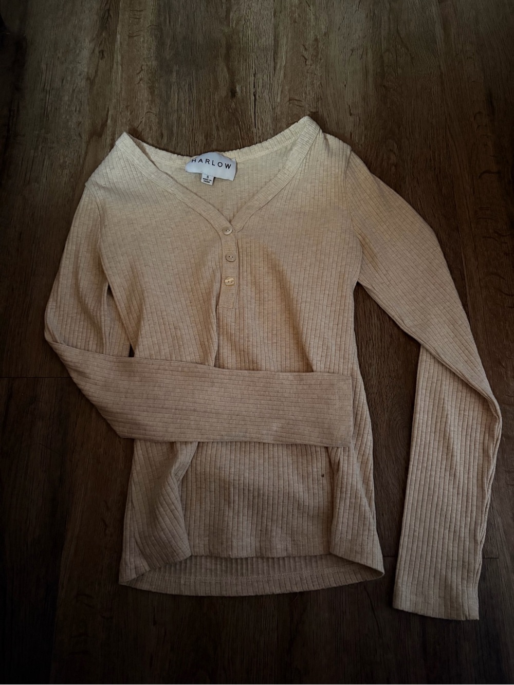 Harlow Cream Ribbed V-Neck Button Henley top - Picture 2 of 3